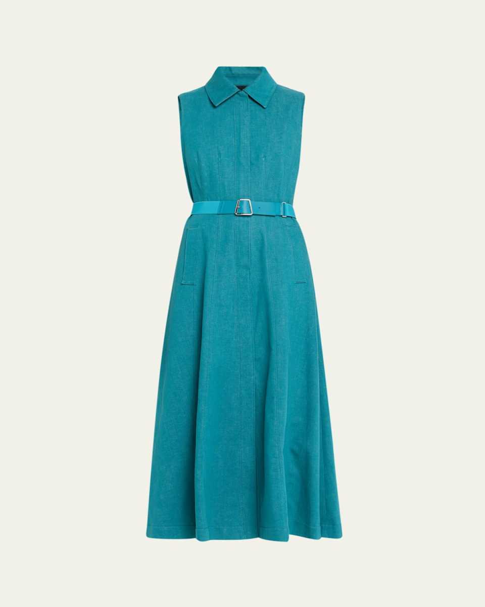 Sleeveless Belted Denim Midi Shirtdress